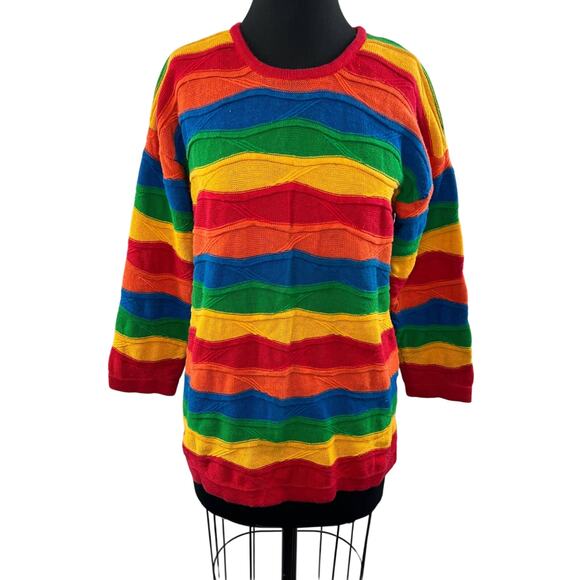 VINTAGE Rafaella Rainbow Striped Round Neck 3/4 Sleeve Pullover Sweater Size L - Picture 1 of 6